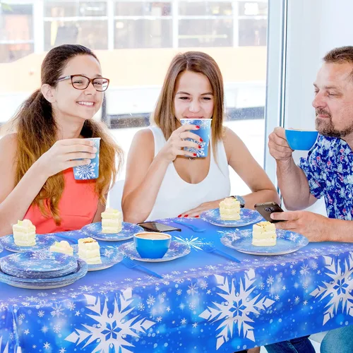Miniatura 7 de durony 145 piezas de suministros de fiesta de cumpleaños de Frozen, vajilla desechable, platos de papel de copo de nieve de invierno, servilletas