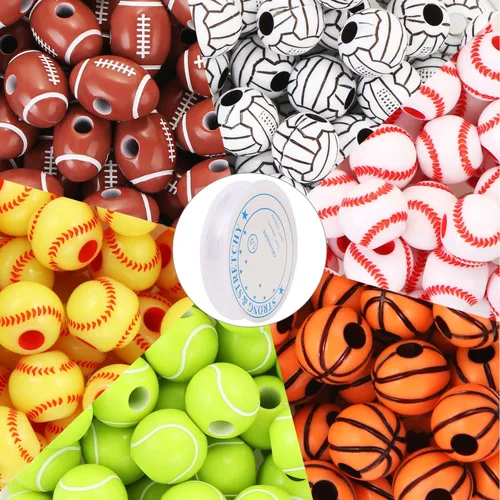 EVERMARKET 300 cuentas de bolas deportivas acrílicas multicolores, redondas, temáticas deportivas con cuerda elástica, perfectas para manualidades,
