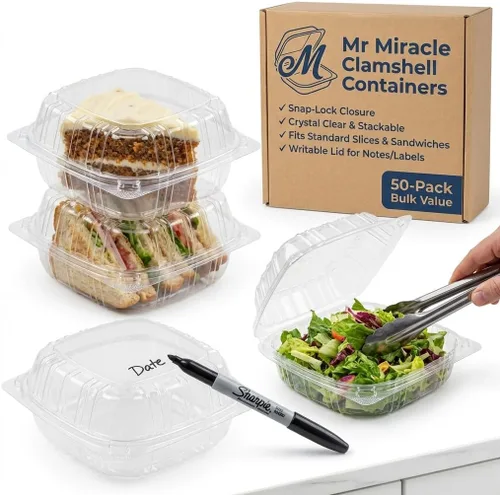 Miniatura 10 de Mr Miracle - Envases de almeja de plástico transparente desechables, resistentes a fugas y duraderos para entregas como Uber Eats, ideales
