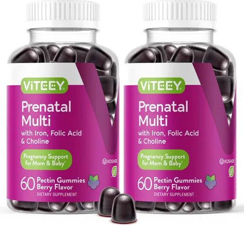 Viteey Gomitas prenatales para mujer, prenatales con hierro para el embarazo con colina y ácido fólico, vegetarianas, sin gluten, 120 unidades