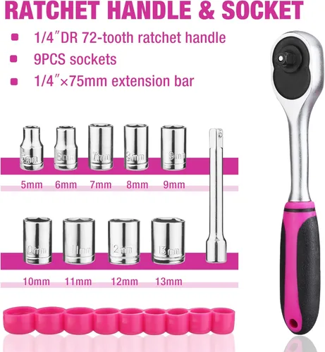 Miniatura 5 de ValueMax Kit de herramientas rosa, juego de herramientas de reparación del hogar de 218 piezas, kit de herramientas para el hogar con bolsa