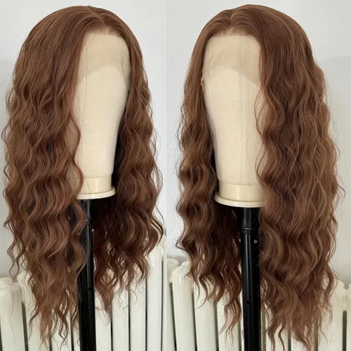 Miniatura 5 de RONGDUOYI Pelucas de encaje frontal sintético marrón 30 para mujer, 13 x 4, peluca larga de onda profunda, raya en medio, línea capilar natural, uso