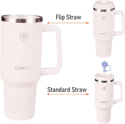 Miniatura 2 de ICEWATER Vaso de 40 onzas con 2 tapas (tapa y popote estándar), vaso aislado 100% a prueba de fugas con asa, apto para portavasos, botella de agua