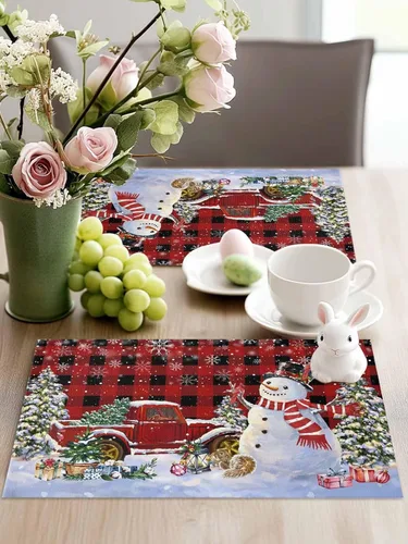 Miniatura 4 de Juego de 6 manteles individuales de Navidad, diseño de camión y muñeco de nieve, color rojo y negro, manteles individuales de lino, manteles