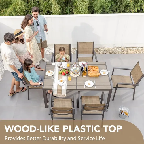Miniatura 5 de Devoko Juego de comedor para patio, 7 piezas, muebles de exterior con mesa rectangular y 6 sillas apilables, juego de conversación familiar