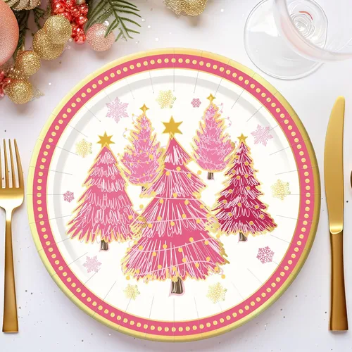 Miniatura 7 de 40 platos de Navidad de 9 pulgadas, platos de papel desechables de papel de lámina dorada, platos de fiesta de árbol de Navidad rosa para fiestas