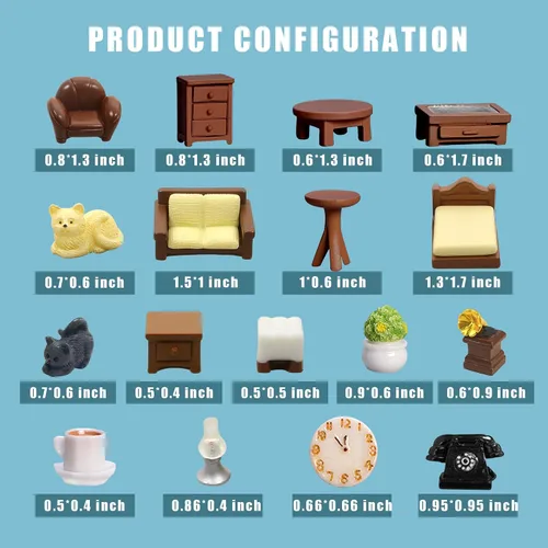 Miniatura 3 de Kit de 23 piezas de mini muebles marrones para casa de muñecas, accesorios de decoración DIY que incluyen juego de comedor, sala de estar