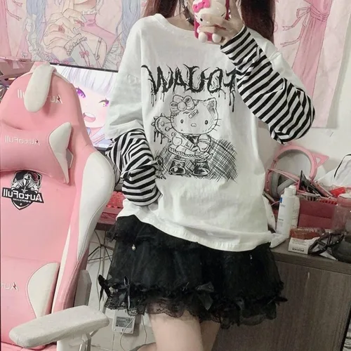 Miniatura 3 de Camisetas de manga larga de anime para mujer, retazos, Kawaii Harajuku, falsas de dos piezas góticas