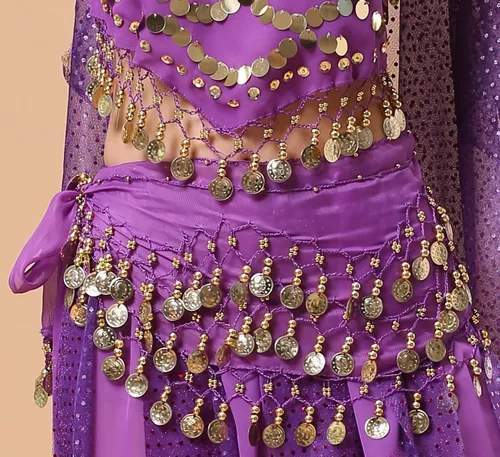 Miniatura 2 de WAYDA Bufanda de cadera para Danza del Vientre, bufanda de danza del vientre para mujer, con 128 monedas color Oro, faldas para danza del vientre