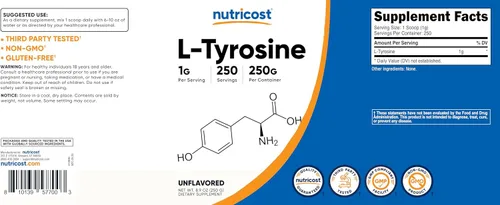 Miniatura 6 de Nutricost L-tirosina en polvo 8.82 oz - polvo puro de L-tirosina 1000mg por porción