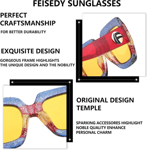 Miniatura 5 de Feisedy B2276 Gafas de sol cuadradas de gran tamaño con marco de brillantina multicolor
