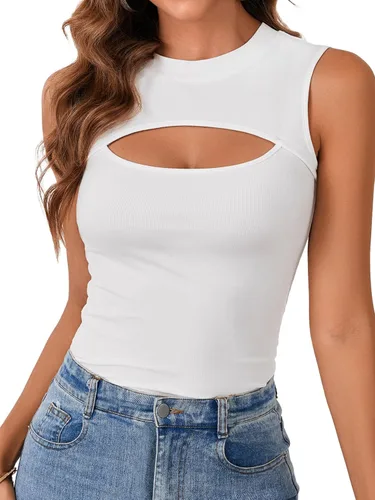 Miniatura 26 de Vrtige Camiseta sin mangas sexy con cuello redondo para mujer, de punto acanalado, sin mangas, ajustada