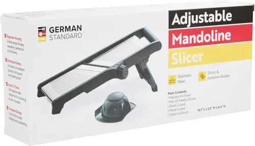 Miniatura 19 de Restaurantware Rebanadora de mandolina ajustable de acero inoxidable, cortador de verduras estándar alemán con protector de cuchilla, incluye