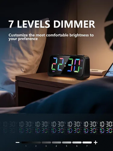 Miniatura 6 de Mesqool Reloj despertador súper fuerte para dormitorios, modo de fin de semana/día de la semana, atenuador, repetición, 12/24 horas, horario de Negro