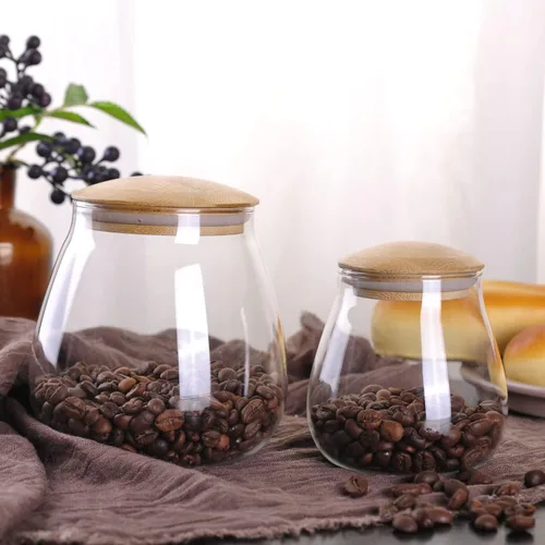 Miniatura 4 de WHJY Recipiente de almacenamiento de vidrio transparente de 13 onzas con tapa hermética de bambú, pequeño y moderno tarro decorativo redondo