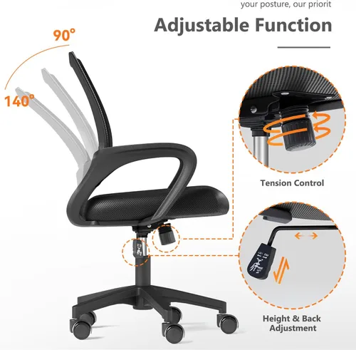 Miniatura 4 de OS MOTOR Silla de oficina en casa, silla de escritorio ergonómica de malla con respaldo medio con soporte lumbar, diseño giratorio ajustable, cómodo