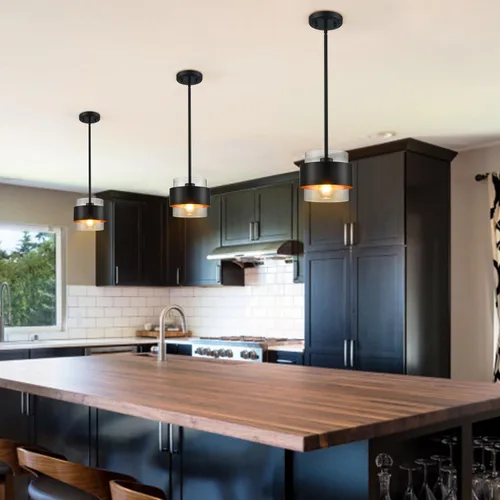 Miniatura 4 de CLAXY Luces colgantes para isla de cocina, barra negra, lámpara colgante de cocina, pantalla cilíndrica de vidrio transparente Sombra