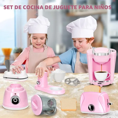 Miniatura 6 de Pink Play - Juego de electrodomésticos de cocina con cafetera, mezclador, tostadora, licuadora, juego de cocina para niños, accesorios de cocina