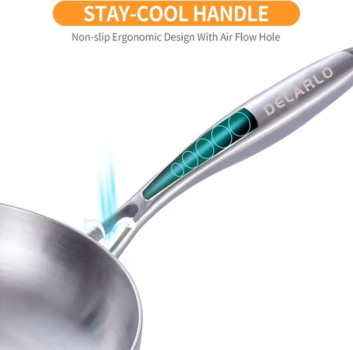 Miniatura 4 de DELARLO Sartén de acero inoxidable tricapa de 8 pulgadas de cuerpo entero, sartenes de chef aptas para horno y cocina de inducción, adecuadas