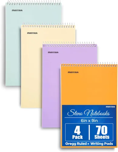 Mintra Office Steno Book - (colores pastel, 4 blocs por paquete, con rayas Gregg) – 6 x 9 pulgadas, 70 hojas, cuaderno para escribir notas en la