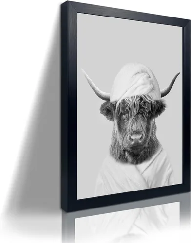 Miniatura 9 de Divertido arte de pared enmarcado de vaca de las tierras altas en bañera, lienzo blanco y negro, impresiones artísticas de pared de vaca, decoración