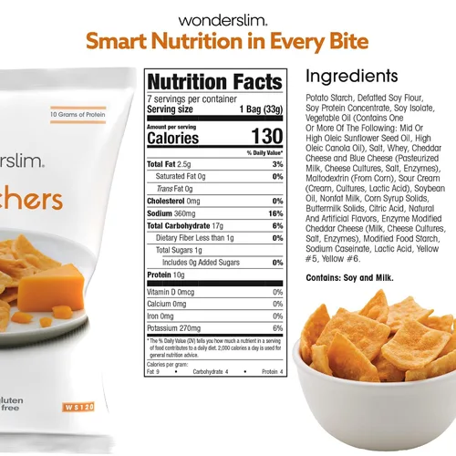 Miniatura 2 de WonderSlim Chips de galletas de proteína, cheddar, 0.35 oz de proteína, 0.11 oz de grasa, sin gluten (7 unidades)