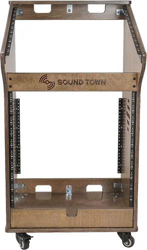 Miniatura 2 de Sound Town Estante de estudio de bricolaje con mezclador inclinado de 11U, estante frontal de 10U, almacenamiento inferior de 2U, ruedas, patas