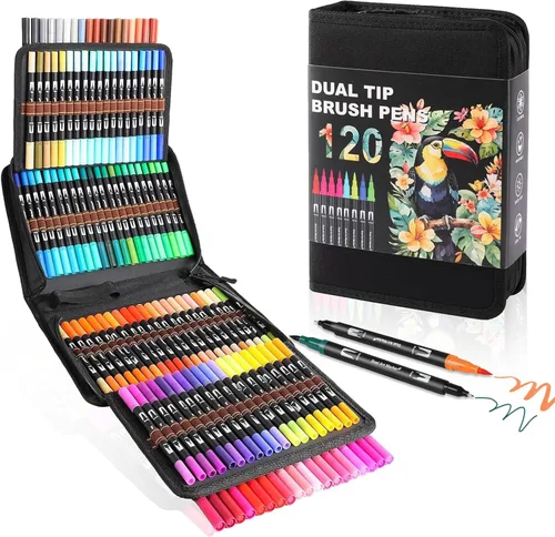 Miniatura 12 de TOSHARE Marcadores de acuarela de 36 colores y punta fina de doble punta para libros de colorear para adultos, bolígrafos de pintura sin sangrado