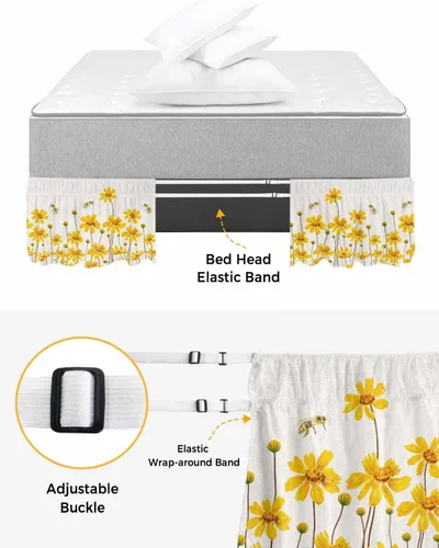 Miniatura 4 de Falda de cama floral amarilla, tamaño King de 16 pulgadas de caída, ajustable y elástica, plisada, con volantes de polvo de lujo para cama