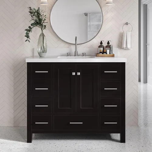 Miniatura 20 de DKB Isabella - Mueble de baño negro de 42 pulgadas con fregadero, lavabo rectangular, encimera de cuarzo blanco puro y protector contra salpicaduras