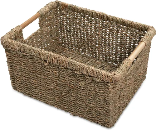 Miniatura 12 de Cesta de hierba marina natural con mango de madera, cesta de mimbre rectangular mediana para sala de estar, 12.2 x 8.9 x 6.7 pulgadas, paquete de 3