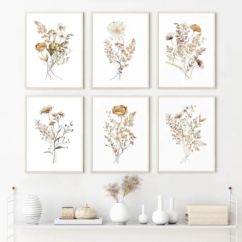Miniatura 4 de Juego de 6 arte de pared de flores de acuarela con diseño botánico de flores silvestres, arte de pared en lienzo neutro bohemio, impresiones