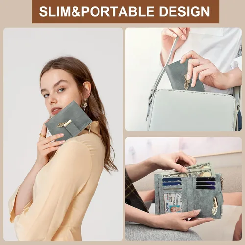 Miniatura 6 de yiijay Billetera pequeña para mujer, con bloqueo RFID, de piel, plegable, tarjetero para tarjetas de crédito para mujeres, cartera compacta