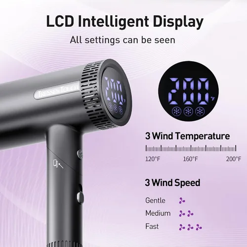 Miniatura 3 de Secador de pelo, secador iónico de alta velocidad, potente motor de 1600 vatios para secado rápido y cabello lacio y ondulado, plegable, ligero