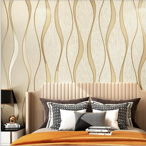 Miniatura 8 de Q QIHANG Moderna curva minimalista 3D ondulación de agua tridimensional flocado no tejido papel tapiz dormitorio sala de estar TV fondo pared Crema