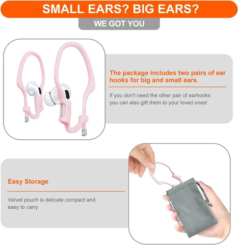 Miniatura 3 de [2 pares] Haireca - Ganchos para los oídos para AirPods Pro 3, 2, 1 y AirPods 4, 3, 2, 1, [ajustables] Diseño ergonómico antideslizante, clip de Rosa