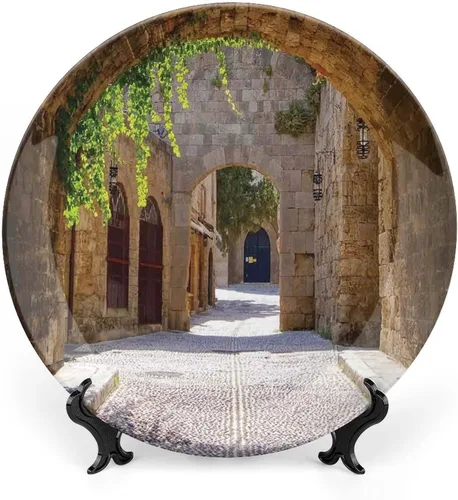 Plato decorativo de 6 pulgadas, cerámica toscana, antigua calle italiana en pequeña ciudad provincial de Italia, placa de exhibición europea hecha a