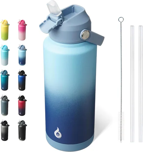 Miniatura 31 de BJPKPK - Botella de agua aislada con tapa de popote, 532 ml Botellas termo con boquilla suave, asa flexible y base antideslizante, libre de BPA, a