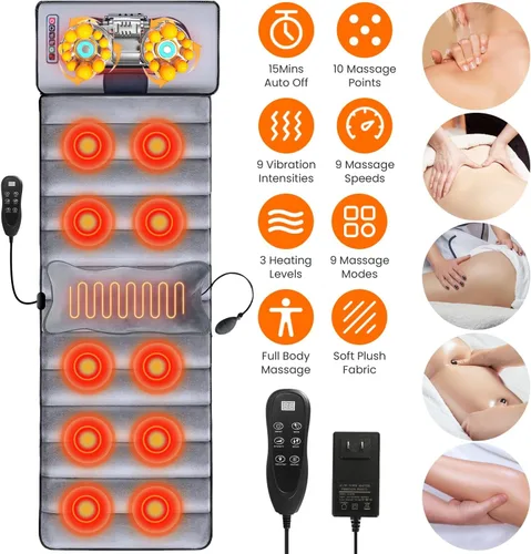 Miniatura 2 de KOCASO Alfombrilla de masaje eléctrica de cuerpo completo con almohadilla de masaje por vibración de calor, cojín de masaje de espalda, almohadilla