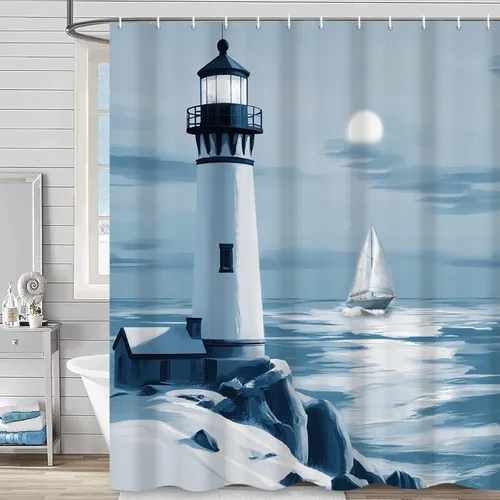 Miniatura 18 de Cortina de ducha náutica costera, cortina de baño con temática de playa y océano, decoración de baño con estrella de mar, coral, concha marina, tela