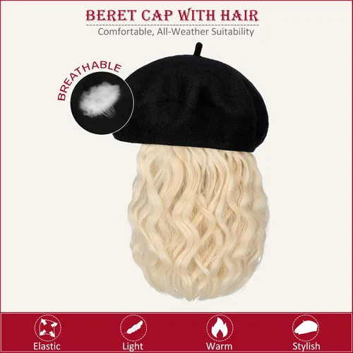 Miniatura 4 de Boinas con extensiones de cabello, gorra clásica elástica de lana francesa sólida adjunta, corto y rizado, peluca sintética para mujer, rubio