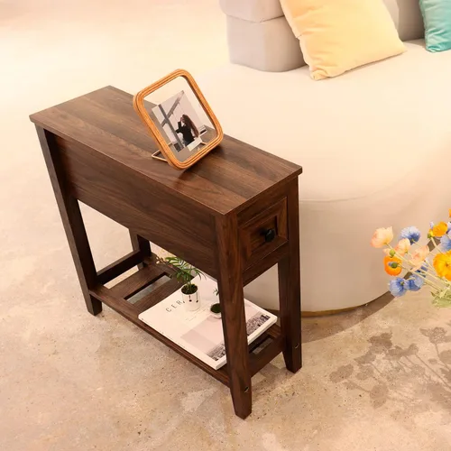 Miniatura 5 de Paquete de 2 Mesas Auxiliares Estrechas de Cabecera con Cajón, Mesa Auxiliar Sólida para Sillón Reclinable con Estante de Almacenamiento, Mesita