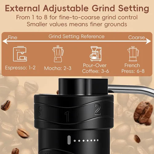 Miniatura 4 de Molinillo de café manual con 8 ajustes de grosor ajustables para expreso, granos moka franceses, verter sobre goteo, manivela de café, molinillo