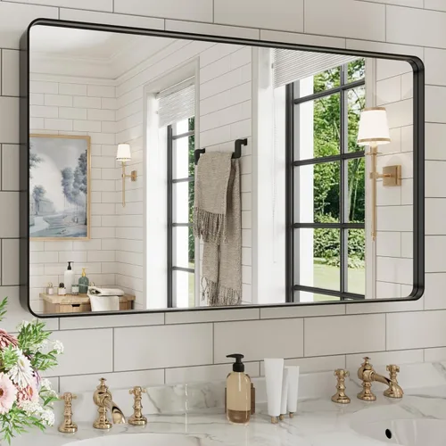 Miniatura 36 de WEER - Espejo de baño dorado, espejo de 40x32 pulgadas con marco de metal dorado cepillado, espejo de tocador de baño de oro para pared