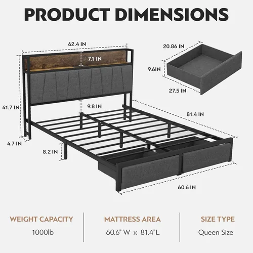 Miniatura 2 de Cikunasi Base de cama tamaño Queen con cabecero y almacenamiento, base de cama con plataforma de cajones con estación de carga y luz LED, Gris