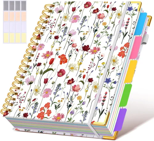 Miniatura 50 de Cuaderno universitario de espiral con tapa dura de cuero de 8 x 10 pulgadas, con pestañas separadoras extraíbles, para 5 materias, a rayas; diario