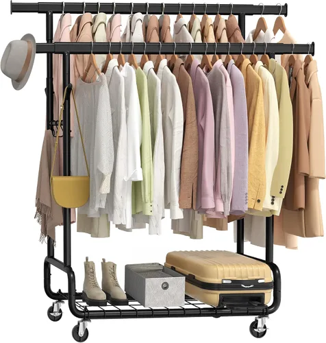 Miniatura 10 de SONGMICS Perchero de Ropa, Perchero de Ropa Rodante de Servicio Pesado con Ruedas, Barra Colgante Extensible y Altura Ajustable, Portátil, con Plata