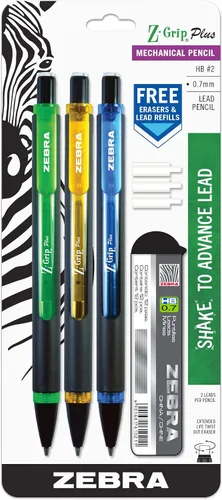 Zebra Pen Z-Grip Plus Portaminas de 0.028 in, con mina y borradores, colores surtidos de barril, verde, amarillo, azul, paquete de 3 (55403)