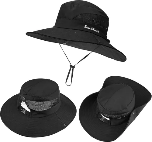 Miniatura 26 de Sombrero de sol de verano para mujer, cola de caballo – Protección UV de malla de ala ancha plegable con agujero para cola de caballo