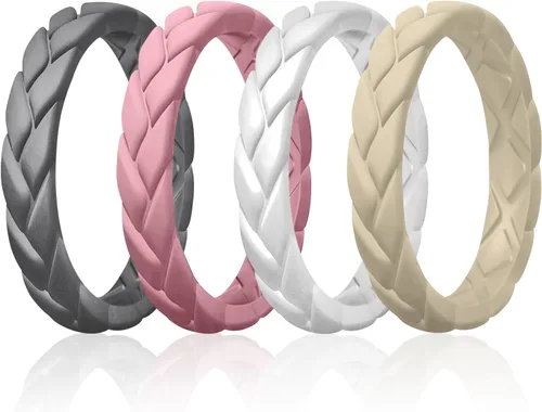 Miniatura 33 de Egnaro Anillos de boda de silicona para ella, conjuntos de novia de goma para mujer, bandas finas, diseño trenzado de hojas apilables con ranuras